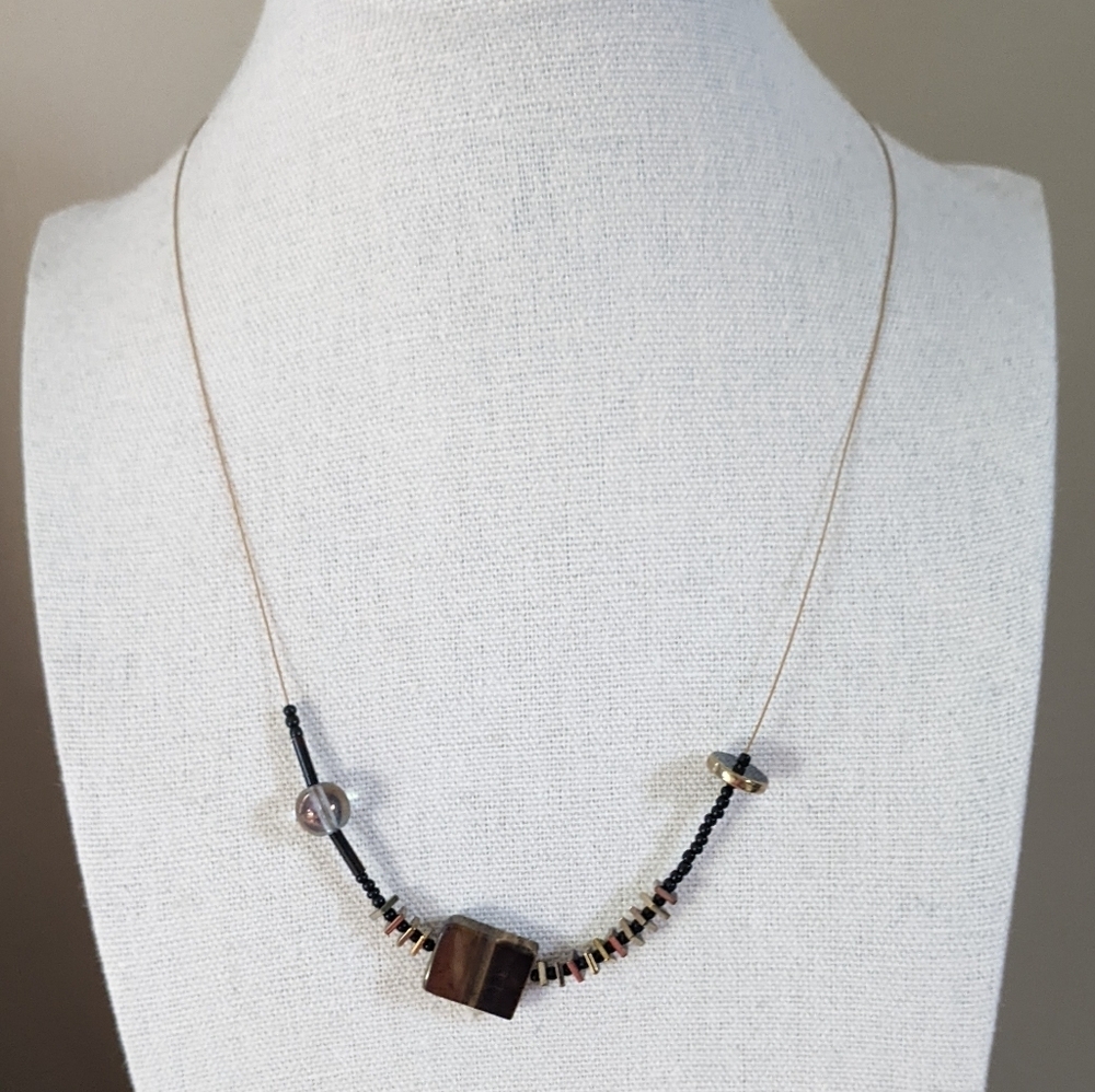 Elegant Brown Agate, Black Glass, and Brass Beaded Necklace